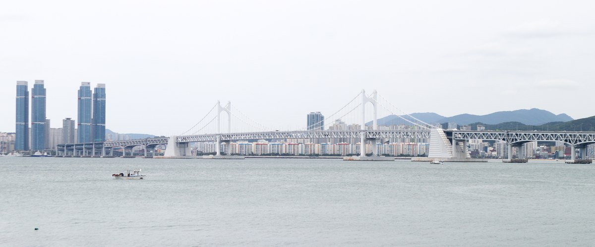 낮에 본 광안대교 전경 — 중앙 현수 구간 양옆으로 해상 복층 상판이 길게 이어진다